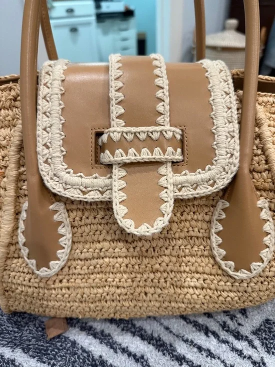 Pamela Munson “Teddy Bag” Neutral Woven Straw Tote Bag with Camel Leather Trim - Picture 5 of 8